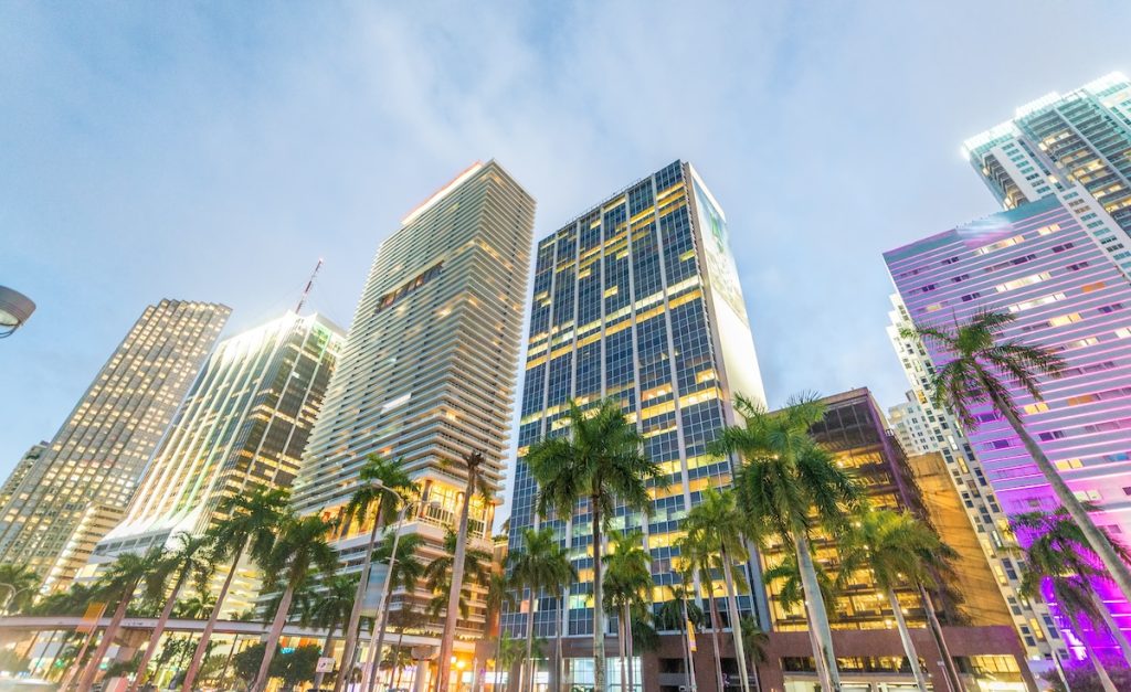 Miami second home market: Miami, FL. City streets at sunset.